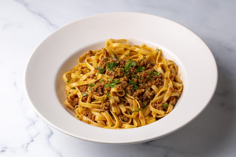 Spaghetti with minced meat in tomato sauce, pasta with noodles. Turkish noodle pasta.